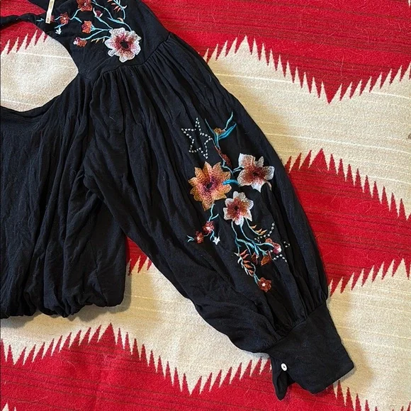 Free People Black Blouse with Colorful Floral Details - Picture 3 of 5